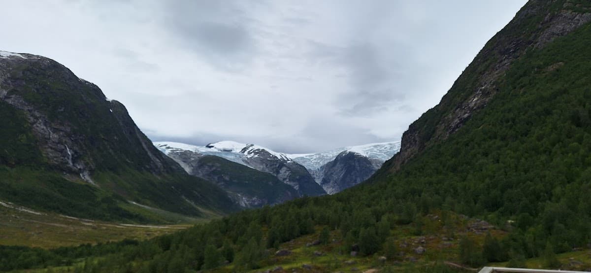 Glacier nestled between steep, forested mountains under a cloudy sky