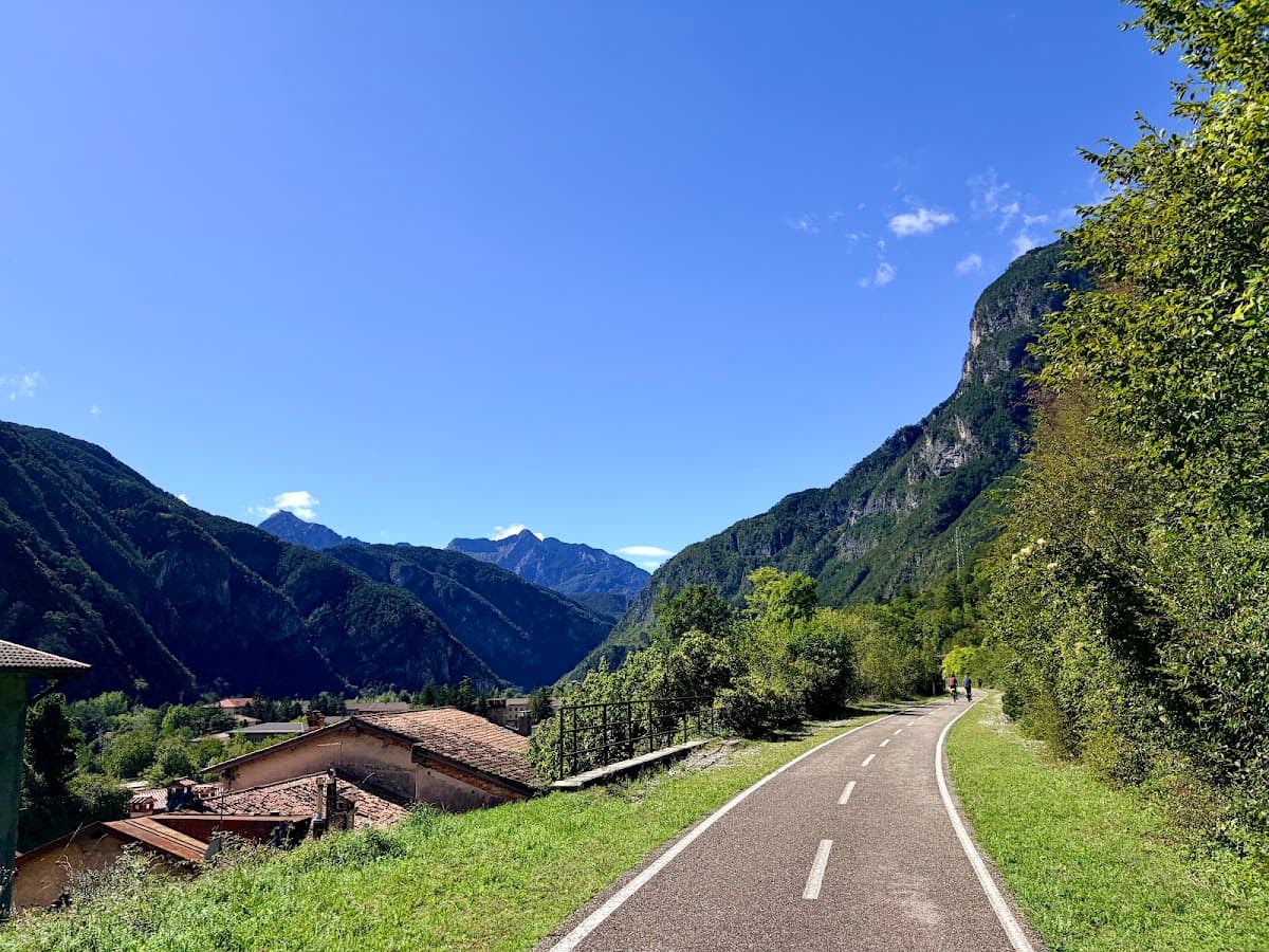 Paved cycling path winding through mountain valley with green trees and clear blue sky