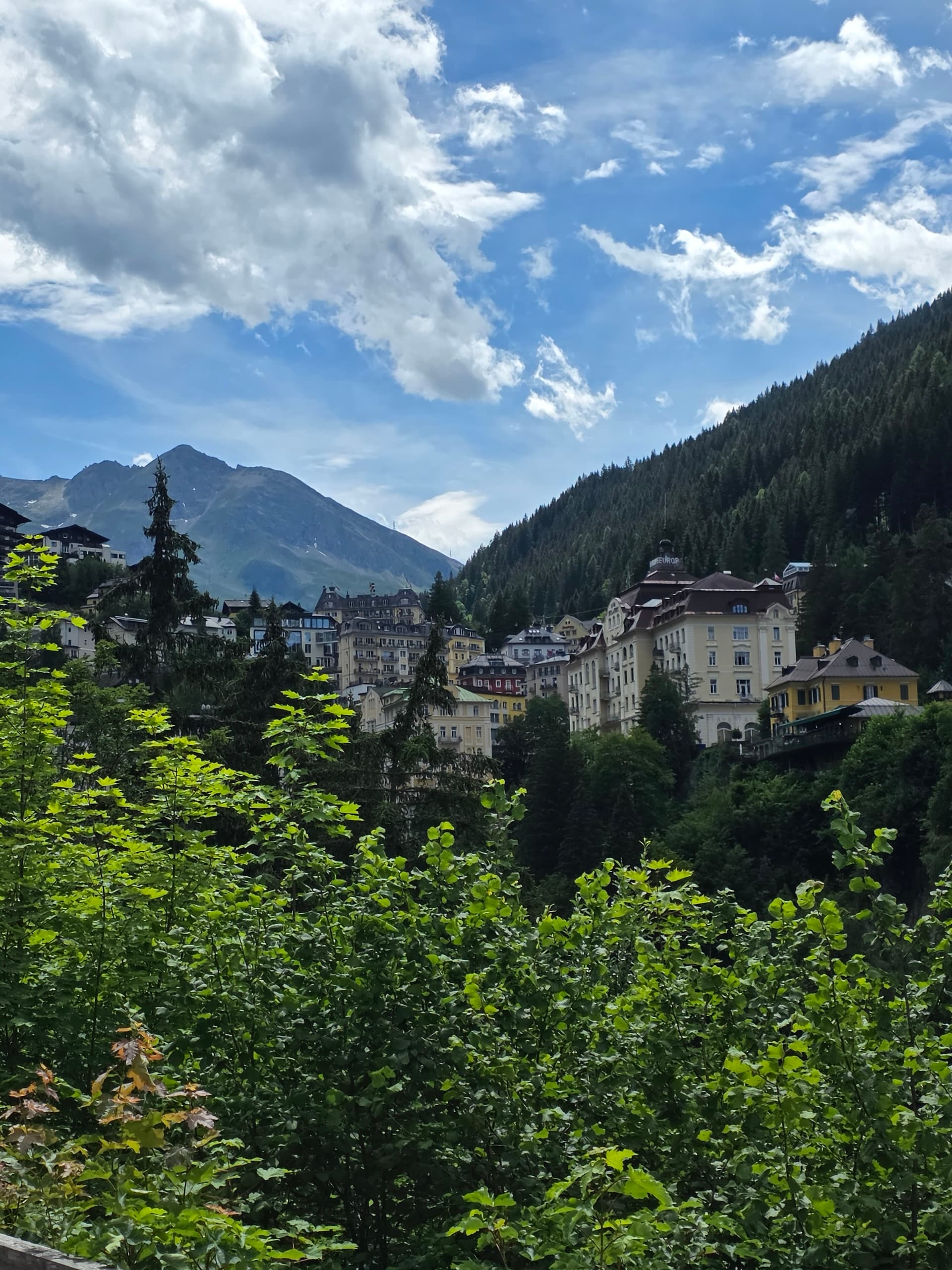 Alpine spa town buildings nestled in a green valley with forested mountains and cloudy sky