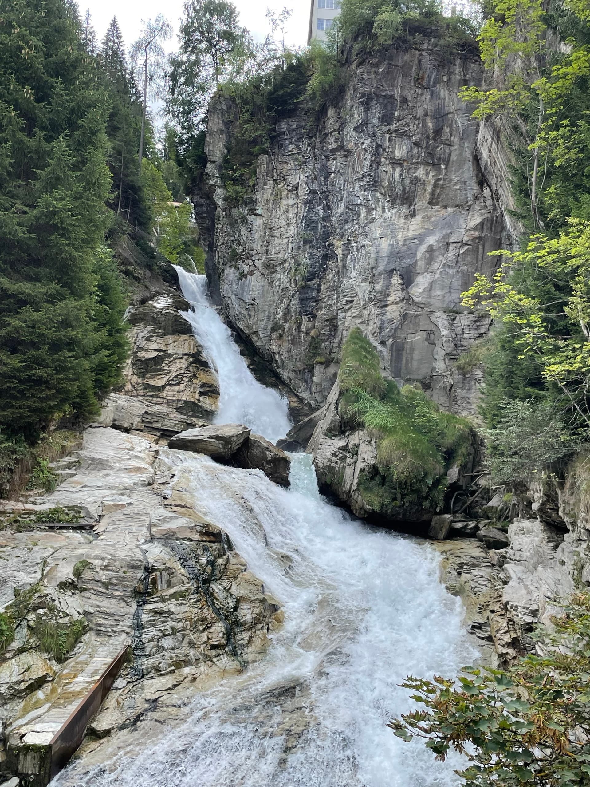Waterfall cascading through a rocky gorge surrounded by green pine trees and cliffs