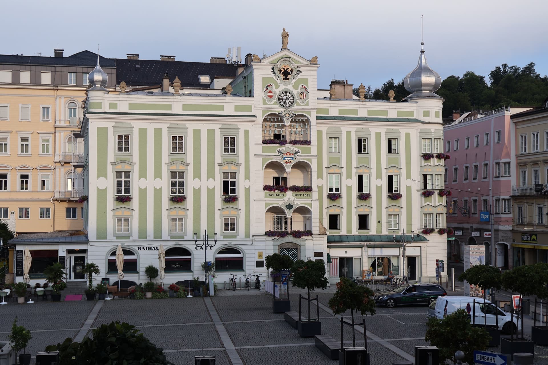 Gmunden town hall square with historic Rathaus building and cobblestone plaza