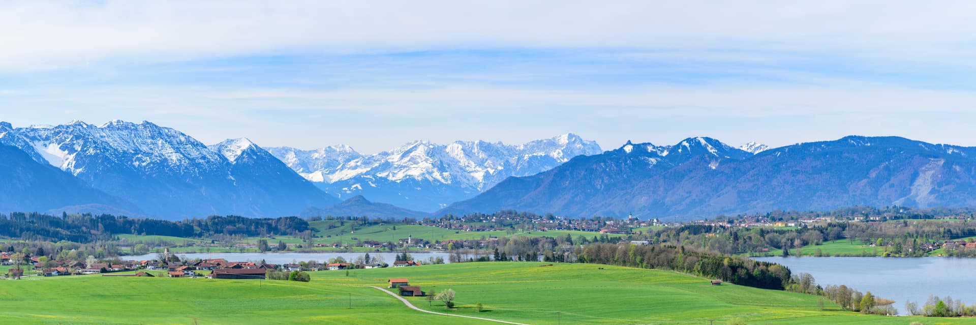 Green rolling fields leading to Riegsee with snow-capped Alps in the background