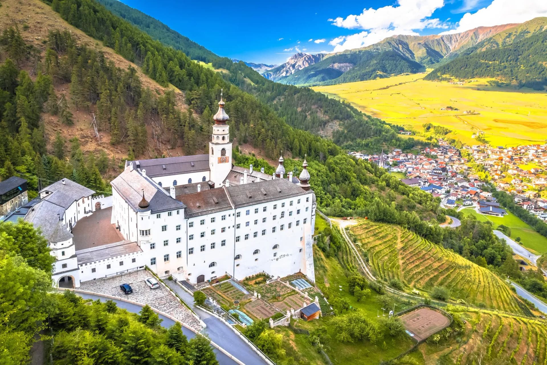 Abbey of Monte Maria in Alpine village of Burgeis view