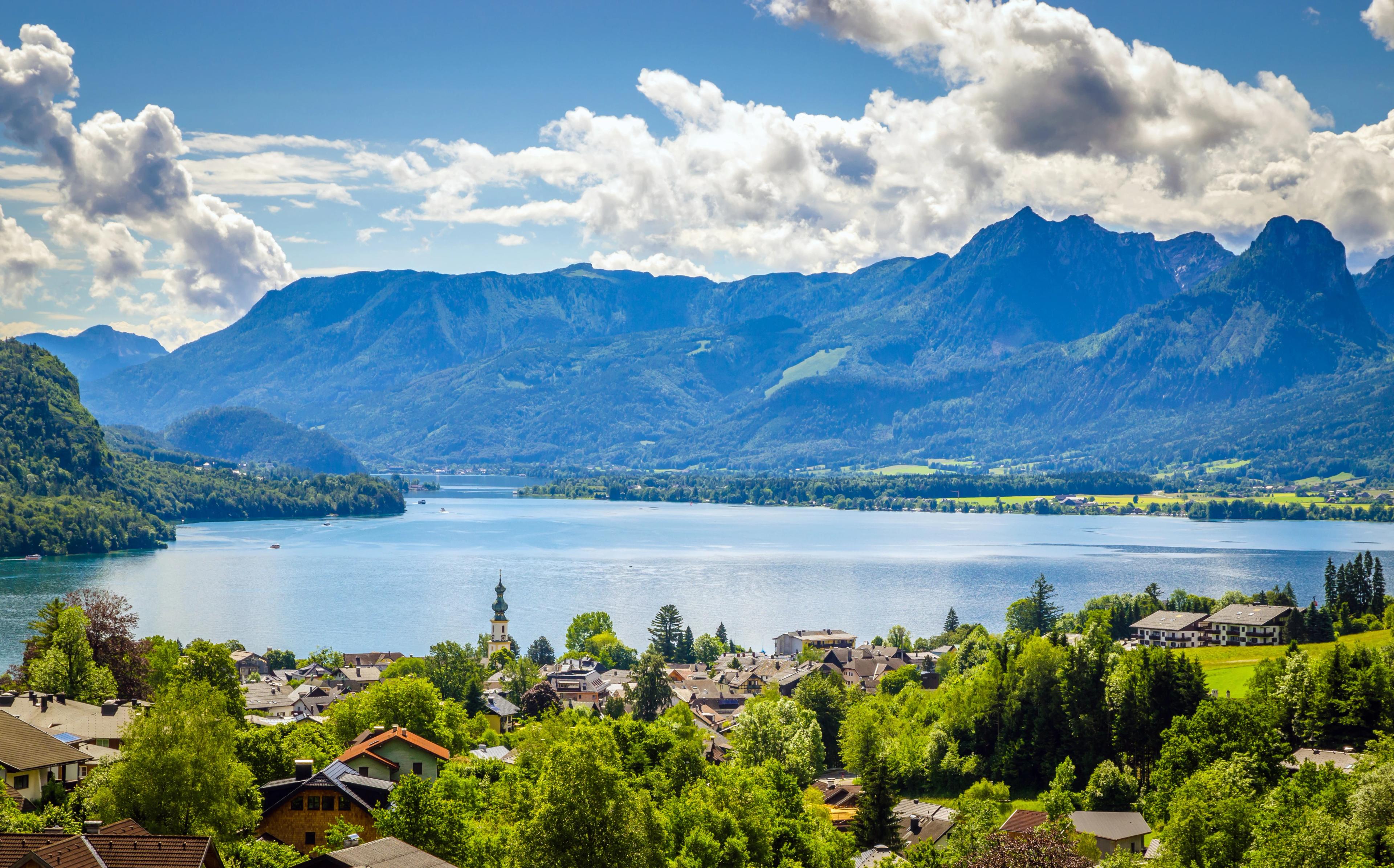 Aerial view on Wolfgangsee lake, Salzkammergut, Austria, Europe